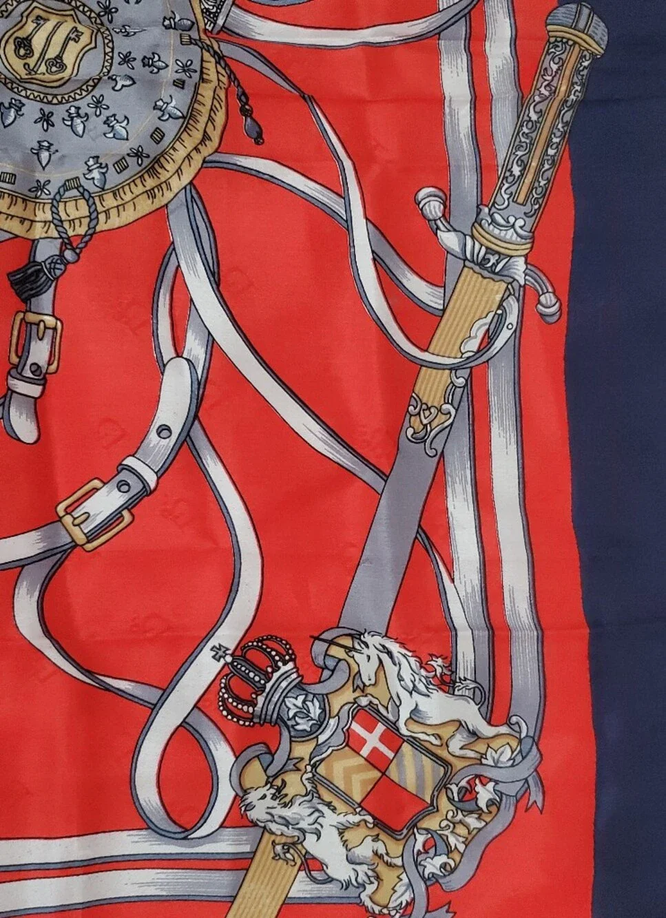 Vintage Christian Dior Silk Scarf Equestrian Hunting Weapon Motif Red Navy Blue